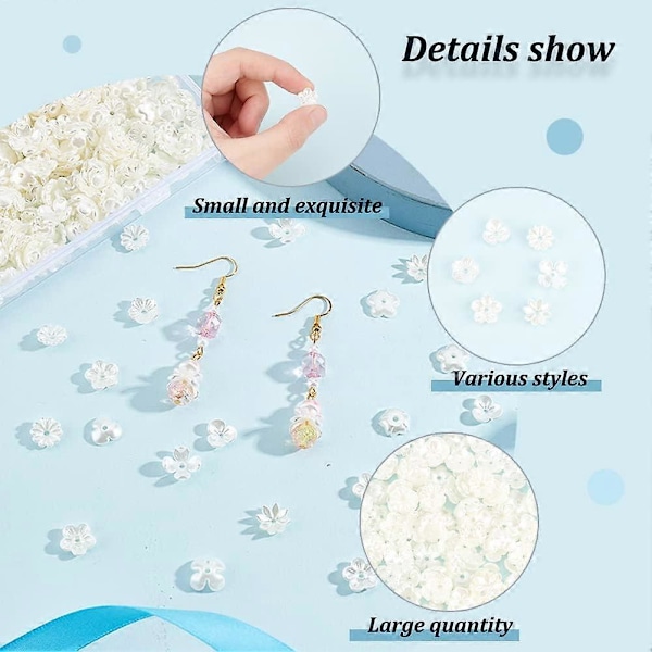 600 stk. 6 Stiler Blomsterperlehetter Kremhvite Avstandsperler Hetter Plast Imitasjon Perle Endeperlehetter Multi-Kronblad Blomster Avstandsperler for DIY Smykker