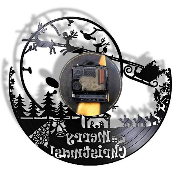 Väggklocka God Jul Tomten Vinyl Record Väggklocka Retro Väggdekoration Elf Klocka Väggklocka(29,5x29,5cm)