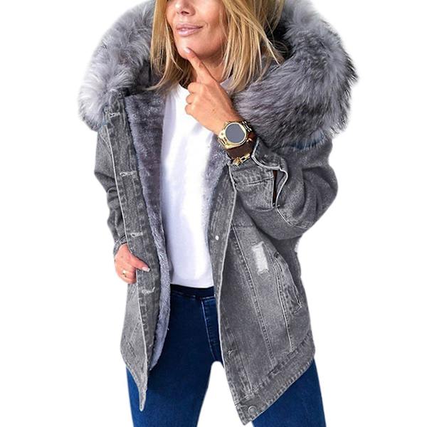 Stilig Parka Retro Plysjkrage Denimjakker Mote Fleeceforet Varm Mellomlang 4XL Gray