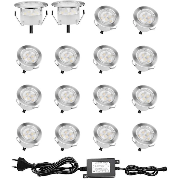 16 stk. LED Indbygningsspots, IP67, 0,6W DC12V, Hvidt Lys [Energiklasse A+]