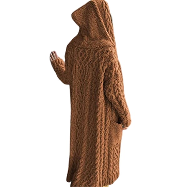 Avslappnad stickad lång ytterkläder med huva och sidoficka Dam höst vinter kappa 4XL Khaki