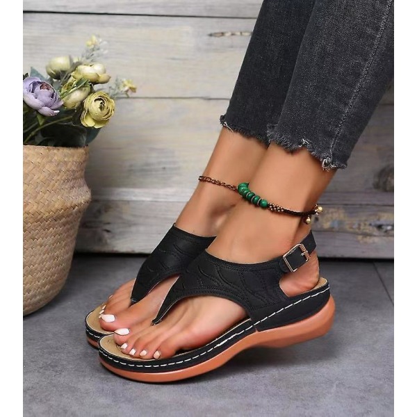 Naisten Yksiväriset Kirjailtu Flip Flop Sandaalit Rantakengät 086 Black EU 44