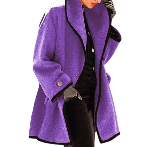 Kvinnors höst vinter ull kappa huva färg block ull kappa långärmad XL Purple