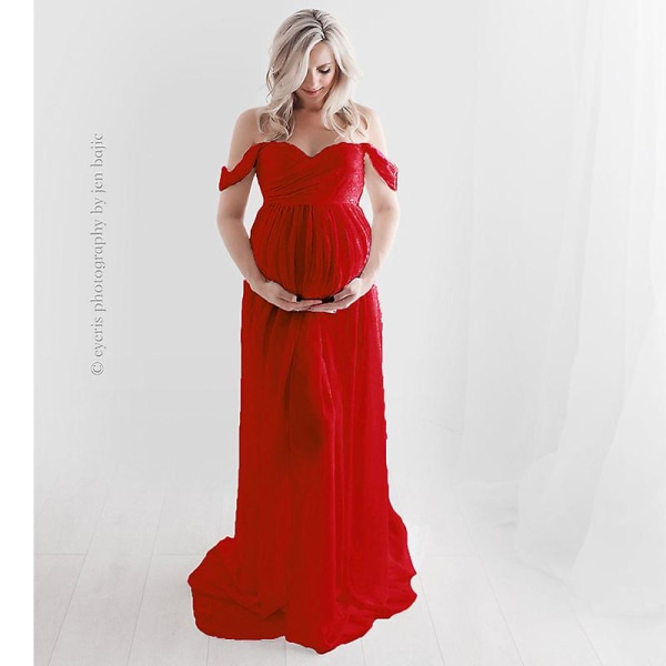 Gravidklänning Off Shoulder Långärmad Gravidklänning för fotografering Gravidklänning för fotografering Red L