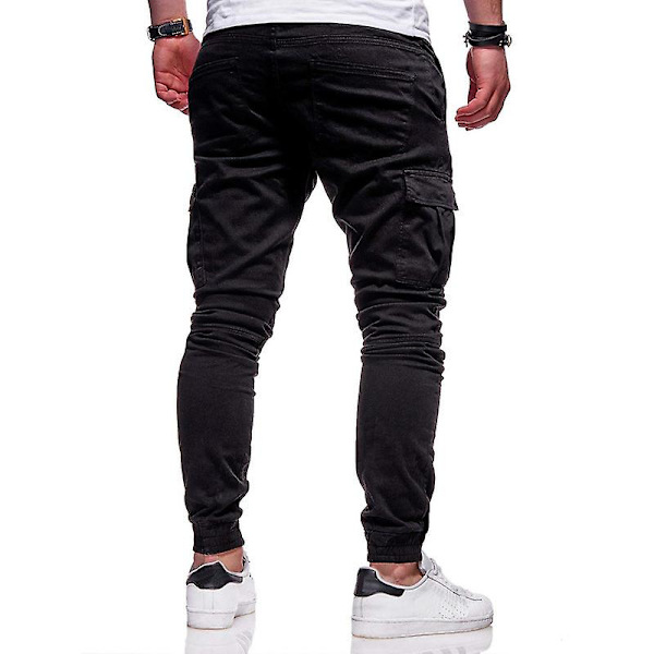 Mænds Cargobukser med Lommeflap, Snørelukning og Elastisk Talje Black M