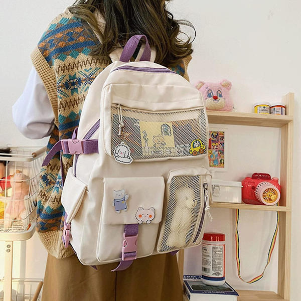 Kawaii Ryggsäck Med Söta Nål Tillbehör Plysch Hänge Kawaii Skolryggsäck Söt Estetisk Ryggsäck White