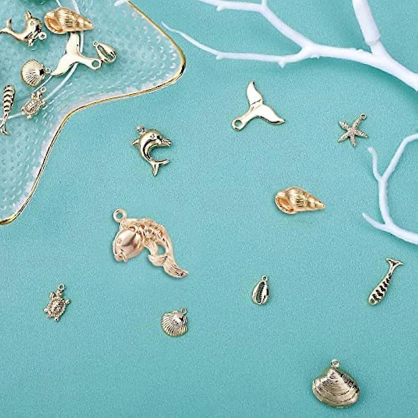 1 Æske 20 stk. 10 Stilarter Ægte 18K Guldbelagte Ocean Tema Charms Havdyr Vedhæng Skal Søstjerne Delfin Fisk Skildpadde Dangles Bulk til DIY Ørering Ne