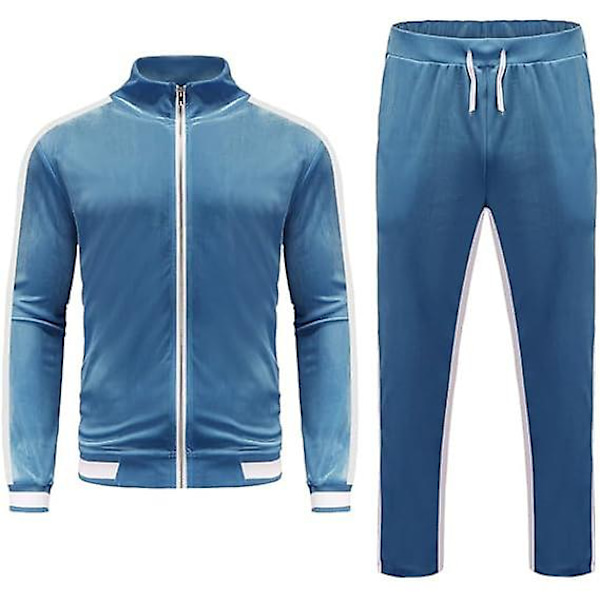 Mjukisdress i sammet för män, avslappnad jacka och byxor Blue S