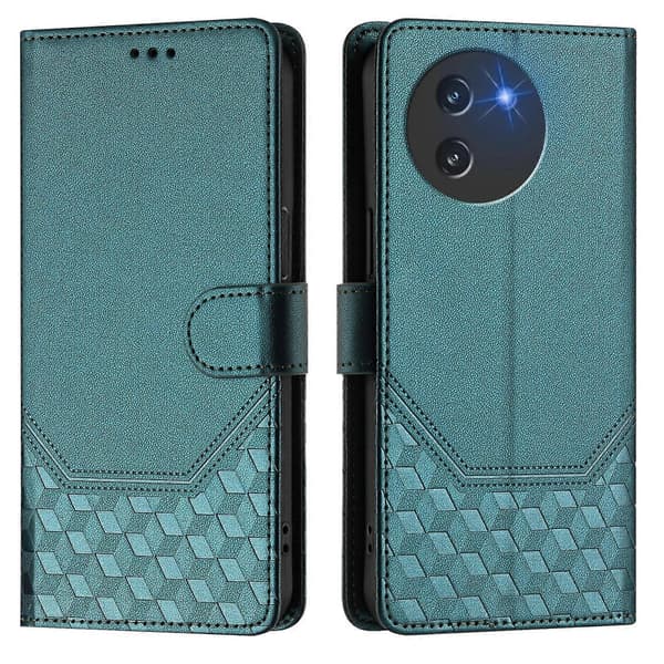Honeycomb Prægning RFID Læder Telefon Cover Til Doogee Note 59 / Note 59 Pro Peacock Green