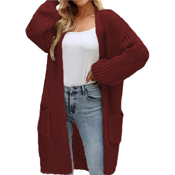 Dam Casual Öppen Framtill Långärmad Stickad Tröjor Ytterkläder Rockar Red XL
