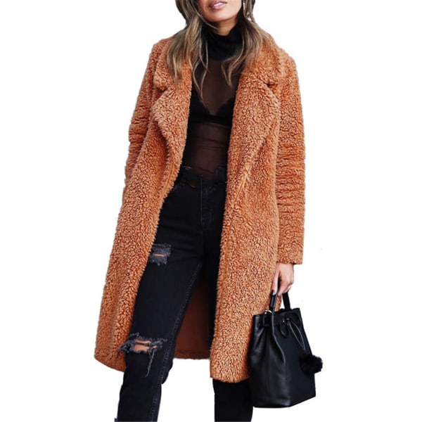 Lång kappa för kvinnor med kavajkrage Långärmad plysch kofta ytterrock XL Caramel Color