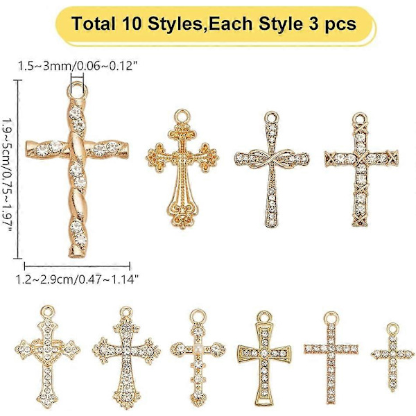 30 st Korsberlocker med Strassstenar, 10 Stilar, Mikro-Pave, Korsberlocker, Koppling med Imitations-Pärla & Hjärta & Rosett, Hängande Berlock för Halsband Armband