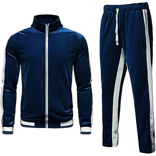Mjukisdress i sammet för män, avslappnad jacka och byxor Navy XL