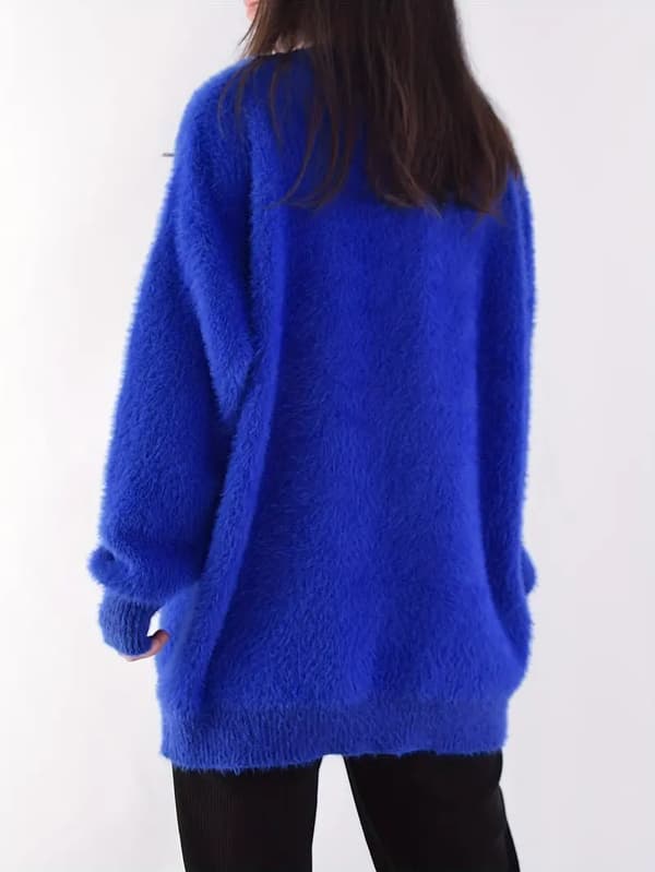 Solid Crew Neck Fleece Pullover Genser, Casual Langermet Koselig Løs Genser, Dameklær