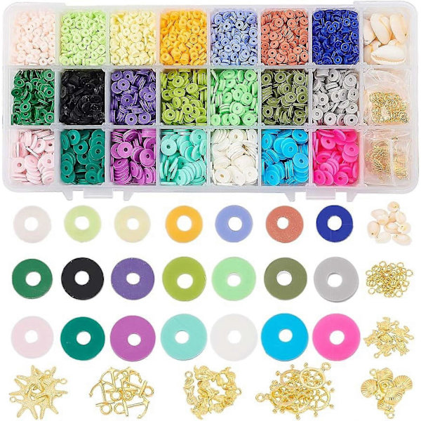 6900 stk. Håndlavede polymer lerperler Flade runde afstandsstykkeperler med legeringsvedhæng og kauri-skalperler til DIY smykkefremstilling