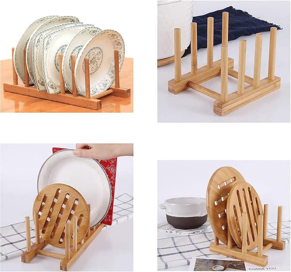 2 st hem och kök naturliga bambu diskställ, bambu trä tallrikar rack/pannor/koppar diskställ