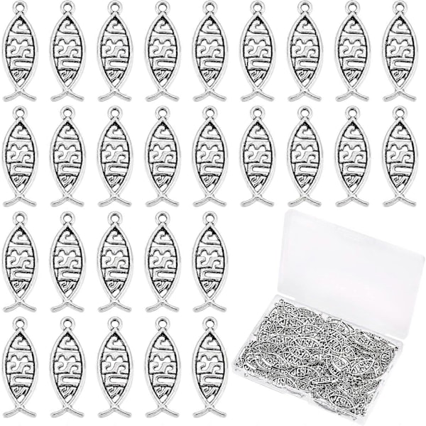 160 st Jesusfisk Charm Antik Silver Tibetanska Hängsmycken Legering Kristna Fisk Hängsmycken Charm Pärlor för Påsk Eid Mubarak Ramadan Armband Halsband K