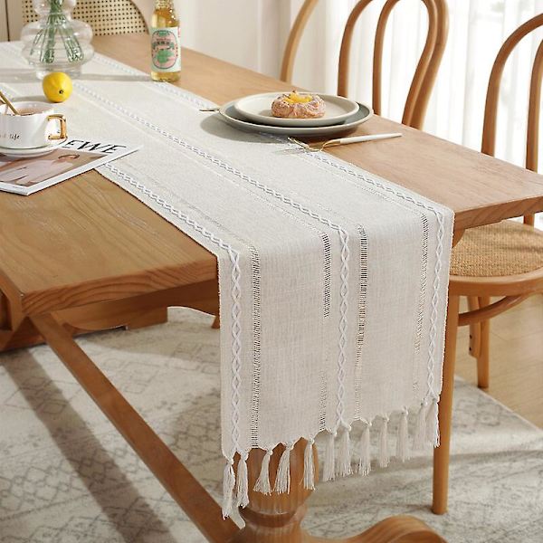 Boho bordslöpare för heminredning, lantlig rustik bordslöpare med tofsar Beige 33x160m