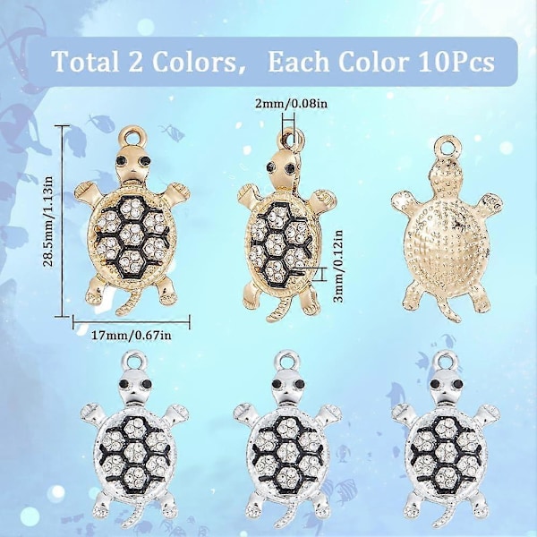 1 Æske 20 stk. Guldfarvede Skildpadde Charms Bulk Sølvfarvede Skildpadde Charms Søde Mini Små Legering Rhinestone Havliv Ocean Dyr Skildpadde Charms til Smykkefremstilling Cha