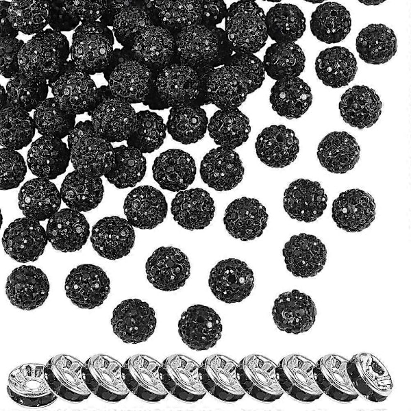 1 Laatikko 100 kpl polymeerisavi strassi pyöreitä helmiä ja 10 kpl messinki strassi välihelmiä Jet PP13 (1,9~2mm) 6 riviä strasseja 10mm Reikä: 1,5mm 110kpl/ltk