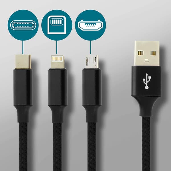 3-i-1-kabel: Lightning USB typ C Micro USB Multi-tips 3A Laddning - Moxie, Svart