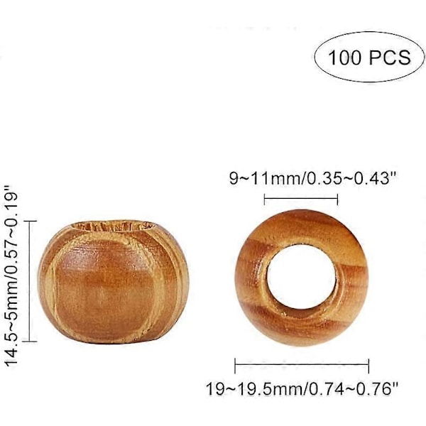 100 st Pine Träpärlor 19mm i Diameter 10mm Stort Hål Trähantverkspärlor Macrame Pärlor Lösa Distanspärlor för Macrame Hantverk