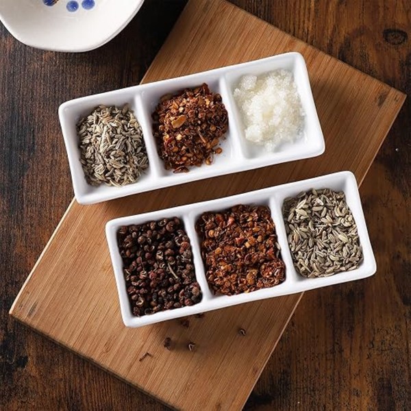 2 stykker 6-roms serveringsbrett, dip-skåler, retter med soya-dip, små skåler til å dyppe tallerken