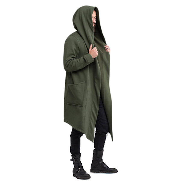 Herr lång draperad huvtröja med två fickor långärmad lös casual långline M Green