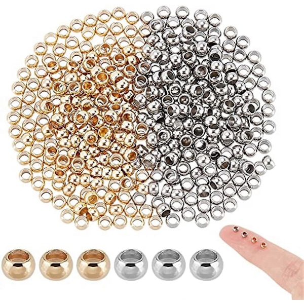 400 stk. 2 farger 304 rustfritt stål avstandsperler glatte løse rondelleperler stopperperler metall krympeperler for halskjede armbånd øredobber laging
