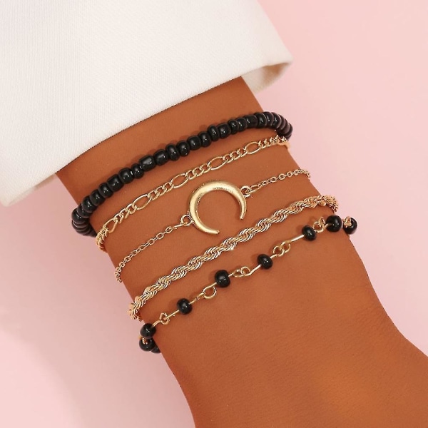 5st Moon Armband Hand Kedja Justerbale Vintage Enkla flerlagers pärlarmband Present Golden Black Beads