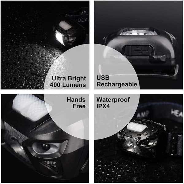USB Oppladbar LED Hodelykt Kraftig Hodelykt med 400lm, 8 Lysmoduser, IPX4 Vanntett, Bevegelsessensor