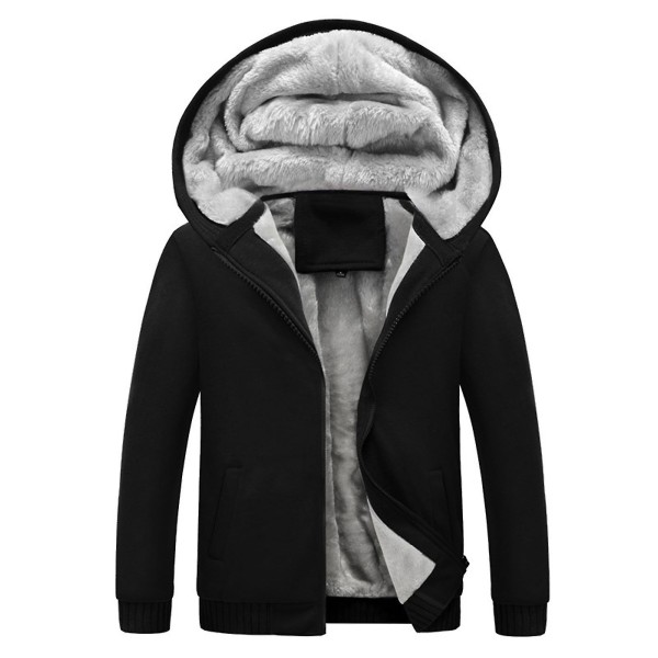 Vinterns tjocka fleece-tröja för män, plyschfodrad, öppen framtill, dragkedja, cardigan, huvtröja, enfärgad, för casual, ny 4XL Black