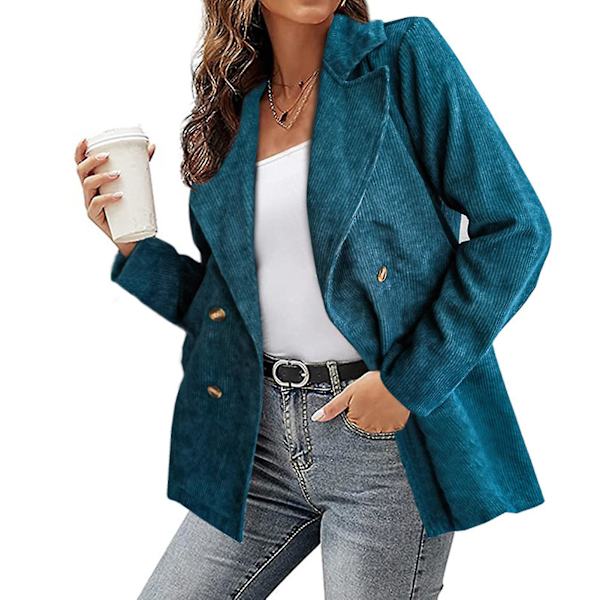Kordfløyelsjakke for kvinner, ensfarget, løs jakke med jakkeslag, moteriktig yttertøy med lange ermer for XXXL Lake Blue