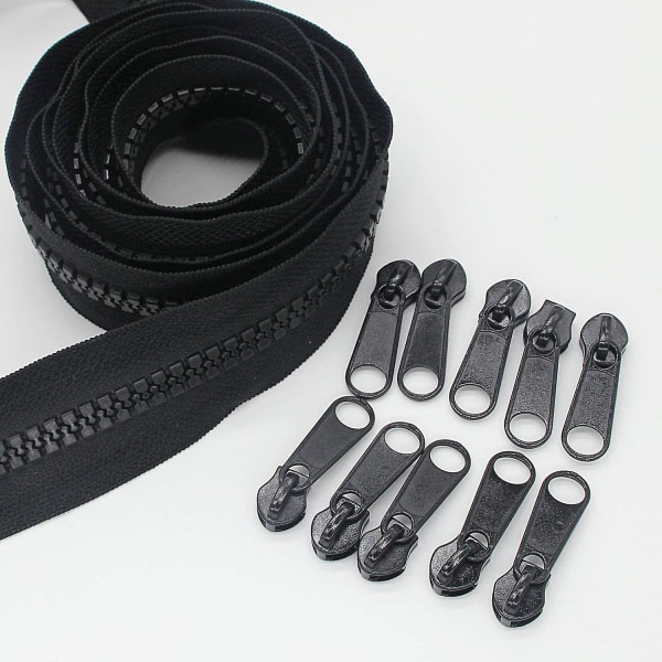#10 Stor Plastiklynlås Metervare Bulk 5 Yards Med 10 stk Lange Slidere Til DIY Syning Skrædderhåndværk Tasker Telte Sort (5 Yards)