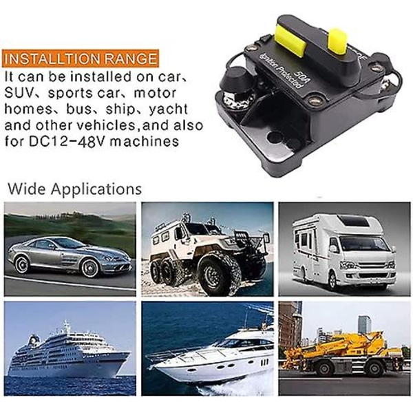 2 stk. Bilstrømbryter 12v-48v DC Vanntett Bil Audio Inline Strømbryter Med Manuell Tilbakestilling Sikringsholder Inverter For Motor Bil Marine Båt (styl 50A