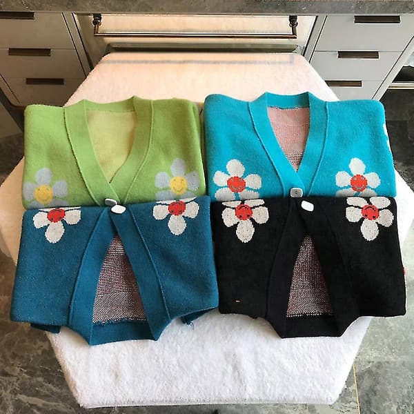Dame Floral V-hals Cardigans Sweater Strik Langærmet Til Efterår Black