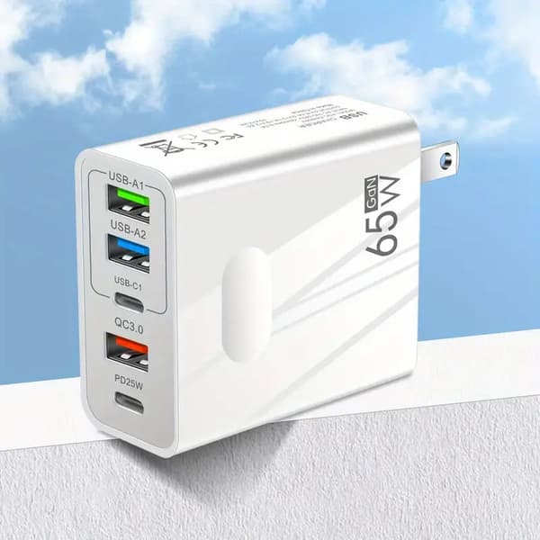 65W PD Multiport Hurtiglader - PD og 3 USB-porter Adapter hvit