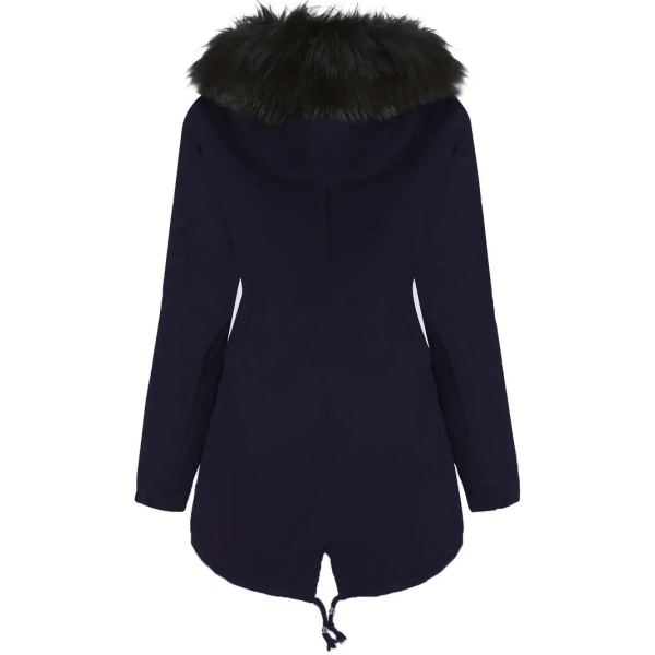 Fluffy Trim Varm Hættefrakke, Casual Snøre Langærmet Vinterovertøj, Dametøj Dark blue S