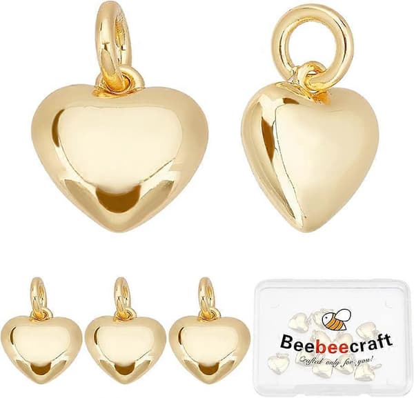 10 stk. 18K guldbelagte hjerte charms 3D hjerte vedhæng charms med springring