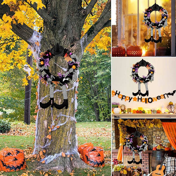 Halloween-seppele etuoveen, 24' Noitaseppele, Noitahattu ja jalat roikkuvat jalka Kurpitsa Vaahteranlehti Sisustus Ainutlaatuinen koriste