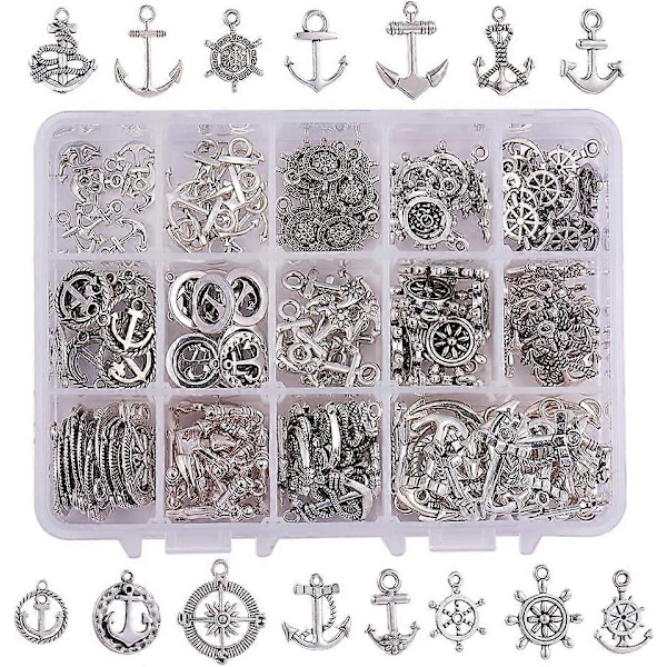 15 Stilar Nautiska Ankerberlocker 150st Anker Rorkultingar Tibetansk Legering Skeppsrathjul Berlocker Pärlor för Sommar Män DIY Armband Halsband Smyckestillverkning