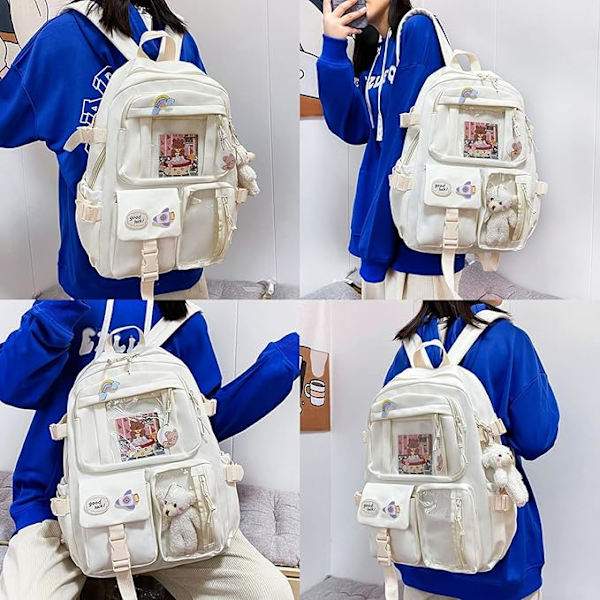 Kawaii ryggsäck, Kawaii ryggsäck med Kawaii stift och tillbehör, Kawaii ryggsäck för flickor studenter, söt estetisk reseryggsäck vit