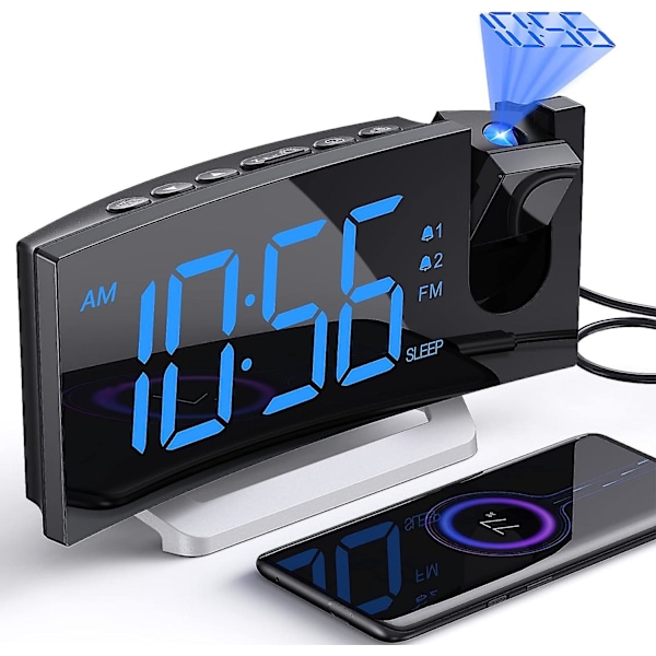 Väckarklockor för Sovrum, Multifunktionell Klocka med FM-Radio & Projektion, 0-100% Dimmer & Radio Volym, Böjd Skärm, Dubbla Alarm, USB-Laddare, Cr Blue