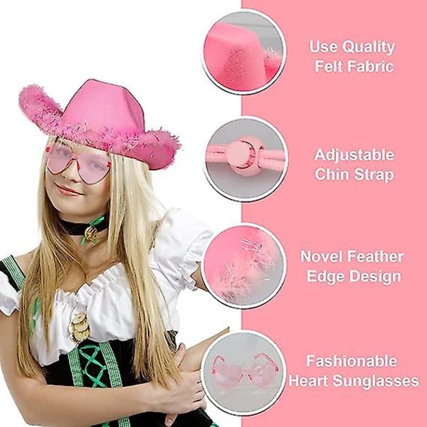 Cowboyhatt med solbriller, fjær cowgirlhatt for Halloween White