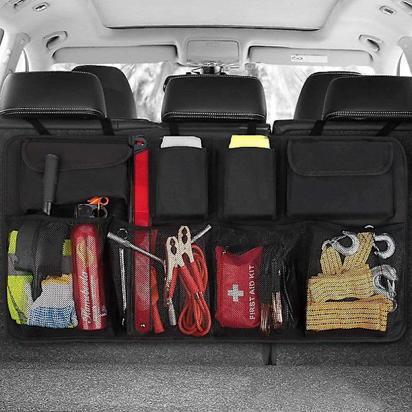 Bagagerumsorganiser 3. generation [7 gange opgradering] Super kapacitet bilorganiser, udstyret med [robust elastisk net & 4 magiske klæbepuder] Bagagerumsopbevaring grey