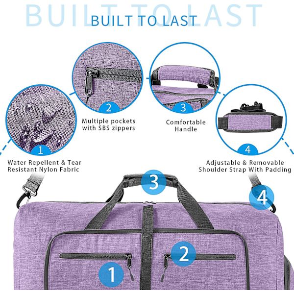 Reise-Dufflebag for menn, 65l sammenleggbar reise-duffelbag med sko-rom nattpose for menn kvinner vanntett og rivebestandig Violet