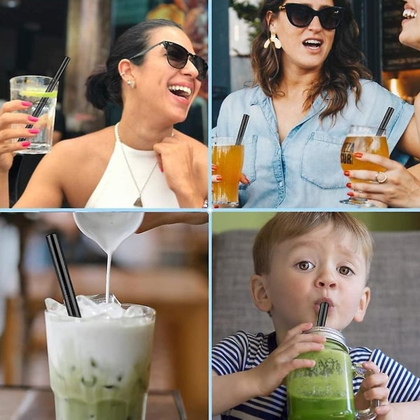 Smoothie-sugerør i rustfritt stål, brede gjenbrukbare drikkesugerør i metall for milkshake, smoothie, drikke, sett med 6 black