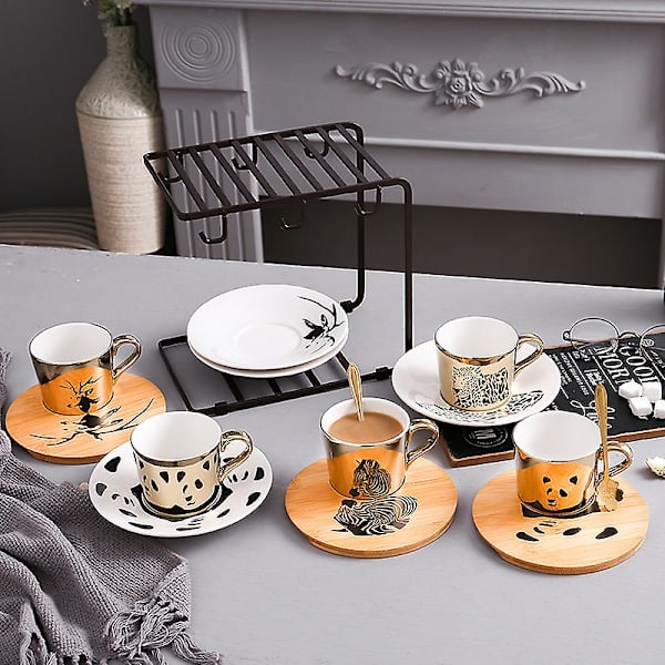Panda Mönster Reflexions Spegel Kaffe Kopp, Guld Porslin Kaffe Mugg, Keramisk Te Kopp Och Fat, 250ml