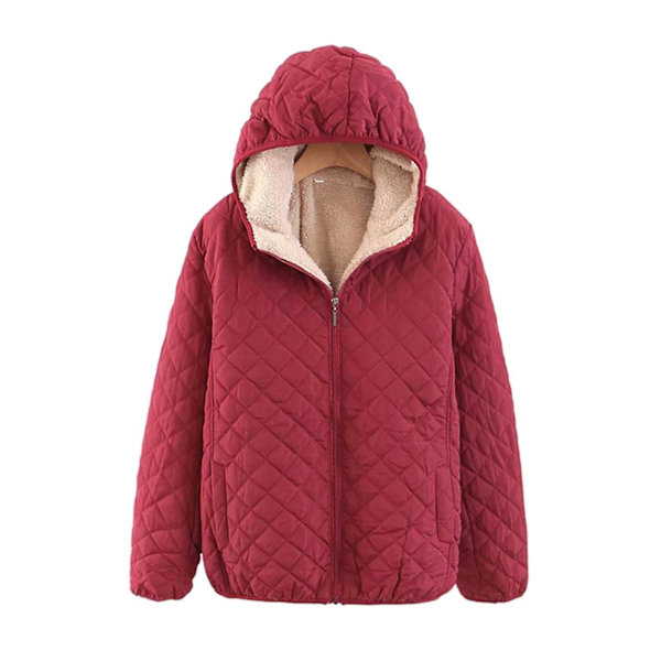 Hettejakke for kvinner, plysjfôr, cellequiltet kort jakke med glidelåslukking 3XL Wine Red