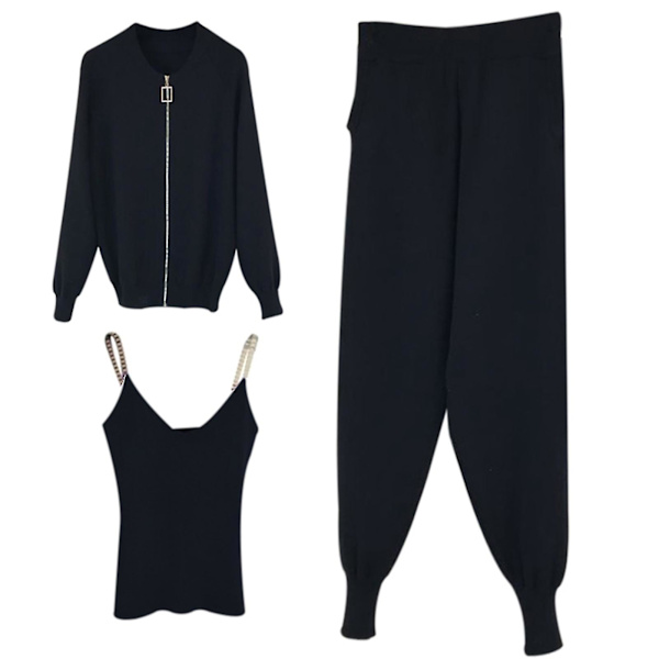 2021 vår outfit dammode tredelad kostym väst stickad kappa elastisk M Black